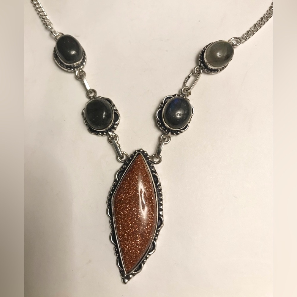 Sandstone Black Onyx Stamped 925 Sterling Silver Necklace